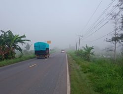 Kabut Tebal Yang Menyelimuti Jalan Lintas Timur ( Jalintim ), Pengendara Wajib Menyalahkan Lampu Utama
