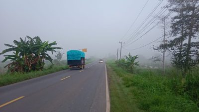 Kabut Tebal Yang Menyelimuti Jalan Lintas Timur ( Jalintim ), Pengendara Wajib Menyalahkan Lampu Utama