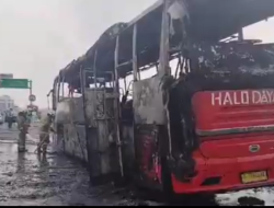 Breaking News: Kebakaran Bus Membawa 54 Orang di Tol Arah Tanjung Priok, Bermula Pecah Ban.