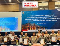 Dukung Operasional, Kepala Biro Logisitik Polda Sumsel dan PT Pertamina Patra Niaga Tandatangani Kontrak Kerjasama Pengadaan BMP.