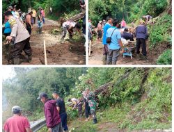 Polisi bersama TNI dan Warga Bersihkan Longsor Jalur Wisata Telaga Ngebel di Ponorogo Kembali Normal